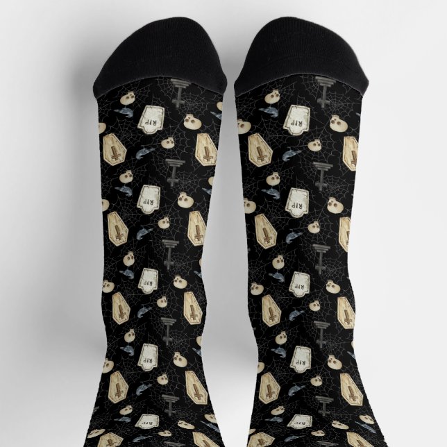 Spooky Coffin und Raven Halloween Socken (Oben)