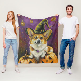 Spooky Corgi Dog Halloween Hexenkürbis Fleecedecke