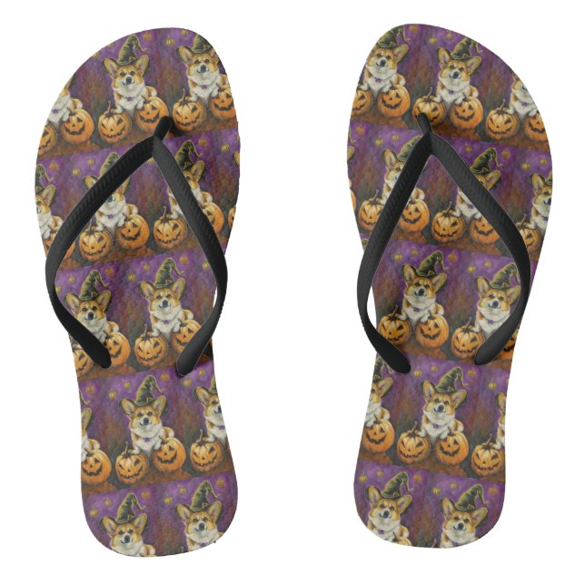 Spooky Corgi Dog Halloween Hexenkürbis Flip Flops (Fußbett)