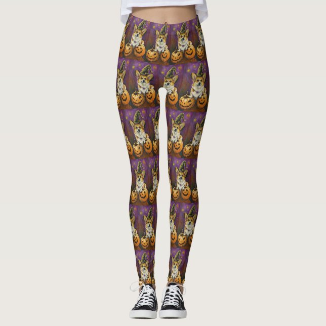 Spooky Corgi Dog Halloween Hexenkürbis Leggings (Vorderseite)