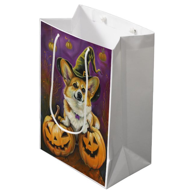 Spooky Corgi Dog Halloween Hexenkürbis Mittlere Geschenktüte (Vorderseite Schrägansicht)