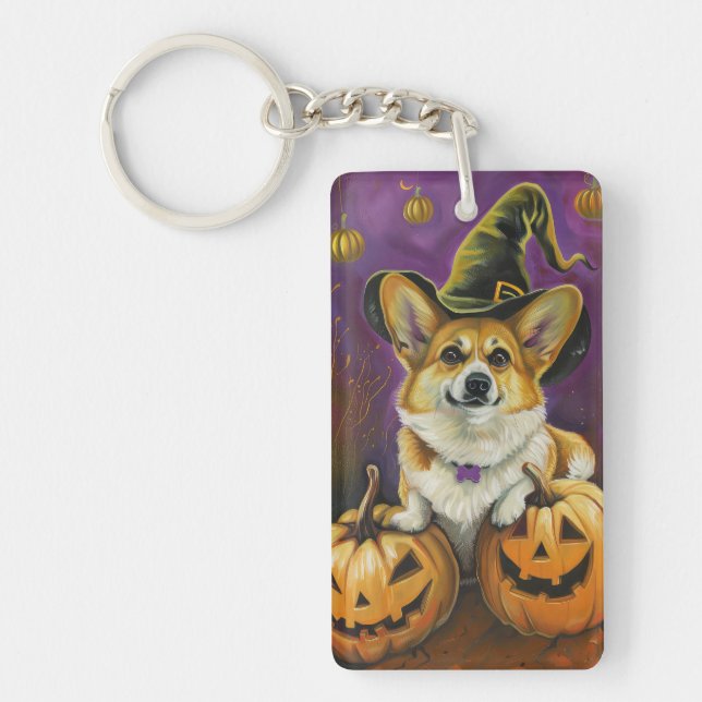 Spooky Corgi Dog Halloween Hexenkürbis Schlüsselanhänger (Vorderseite)
