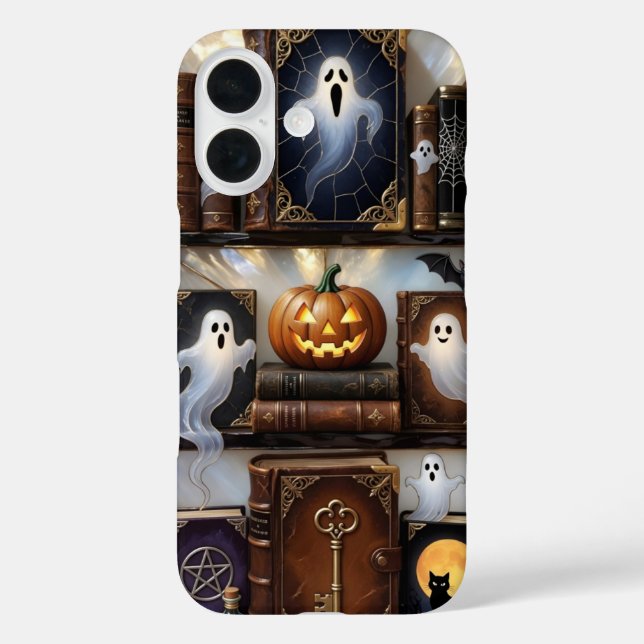 Spooky Cozy iPhone Case Ghost Pumpkin Bookshelf (Rückseite)