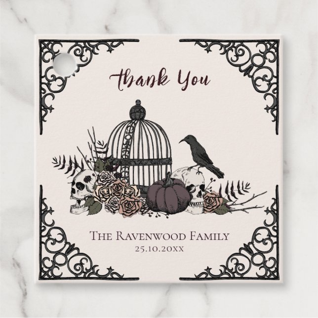 Spooky Cream Gothic Skull und Rose Vielen Dank Geschenkanhänger (Vorderseite)