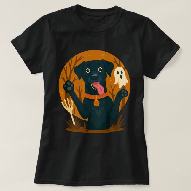 Spooky Cute Black Dog with Ghost  T-Shirt (Design vorne)