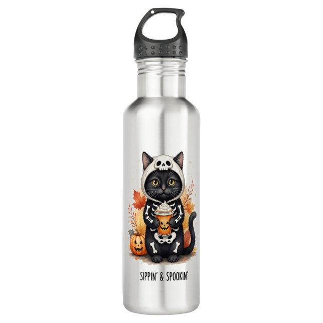 Spooky Cute Cat Halloween Edelstahlflasche (Vorderseite)
