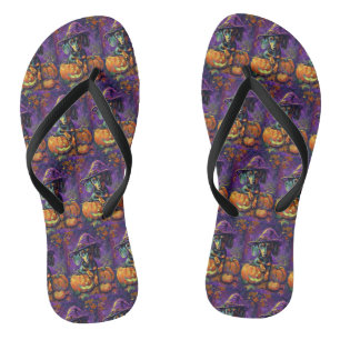 Spooky Dackel Halloween Hexe und Kürbis Flip Flops