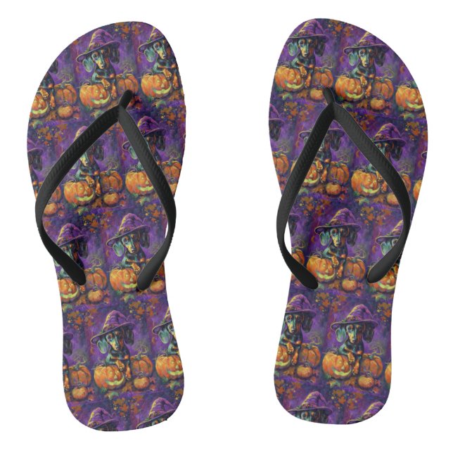 Spooky Dackel Halloween Hexe und Kürbis Flip Flops (Fußbett)