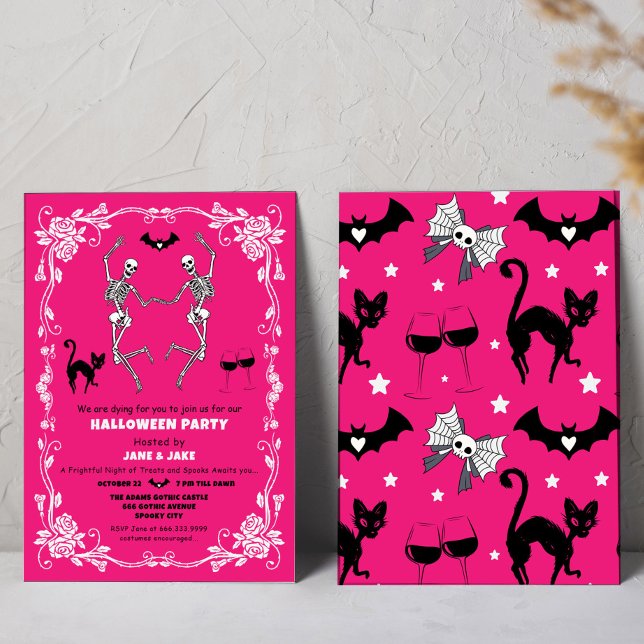 Spooky Dancing Skeletts Hot Pink Halloween-Party Einladung (Von Creator hochgeladen)