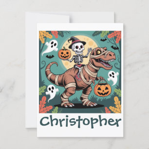 Spooky Dino Rider - Skelett auf Mummy T-Rex Postkarte