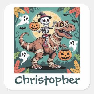 Spooky Dino Rider - Skelett auf Mummy T-Rex Quadratischer Aufkleber