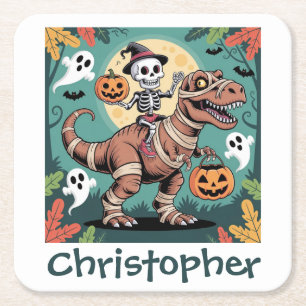 Spooky Dino Rider - Skelett auf Mummy T-Rex Rechteckiger Pappuntersetzer