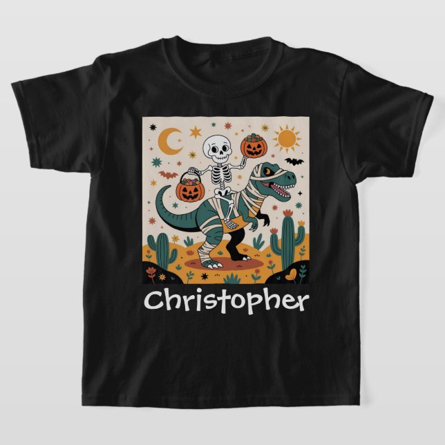 Spooky Dino Rider - Skelett auf Mummy T-Rex T-Shirt (Ablage )