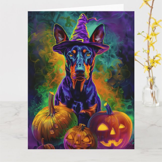 Spooky Doberman Hund Halloween Hexe und Pumpkin Karte (Gelbe Blume)