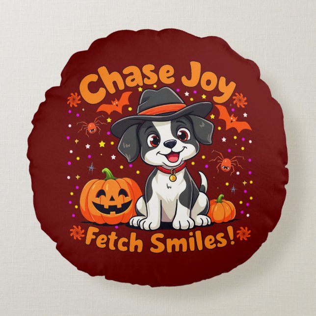 Spooky Dog Art: Halloween Joy & Lächeln holen! Rundes Kissen (Vorderseite)