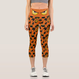 Spooky Evil Eye Orange & Black Halloween Muster Capri Leggings