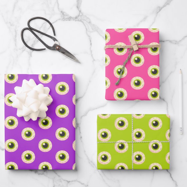 Spooky Eyeball Pattern Pink Lila grünes Halloween Geschenkpapier Set (Vorderseite)