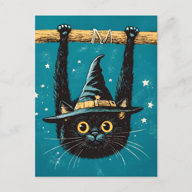 Spooky Flying Black Cat Hexe Feiertagspostkarte (Vorderseite)