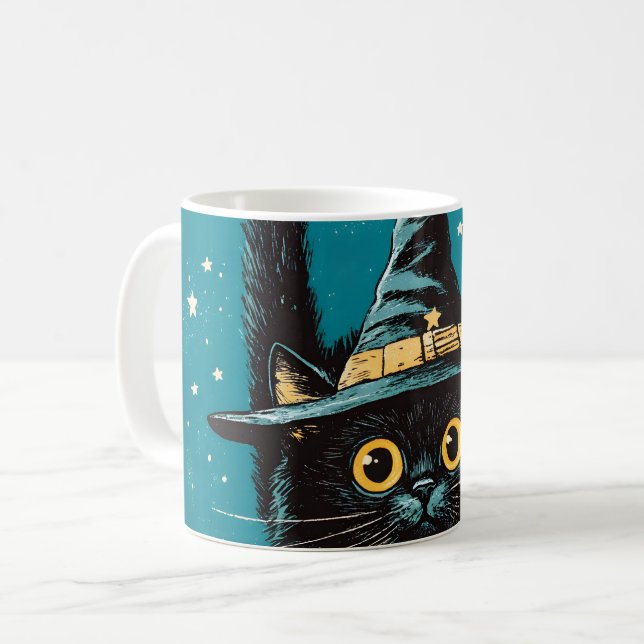 Spooky Flying Black Cat Hexe Kaffeetasse (Vorderseite Links)