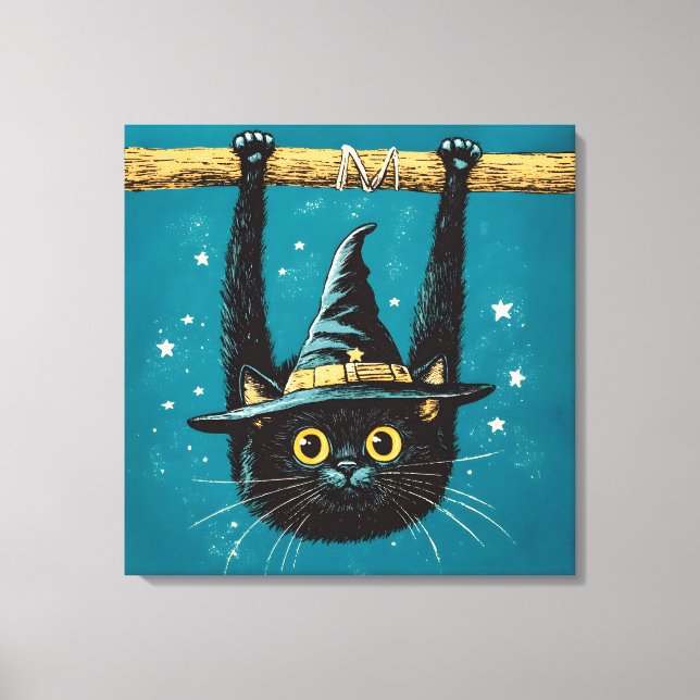 Spooky Flying Black Cat Hexe Leinwanddruck (Vorderseite)