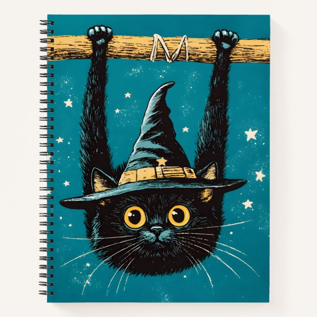 Spooky Flying Black Cat Hexe Notizbuch (Vorderseite)