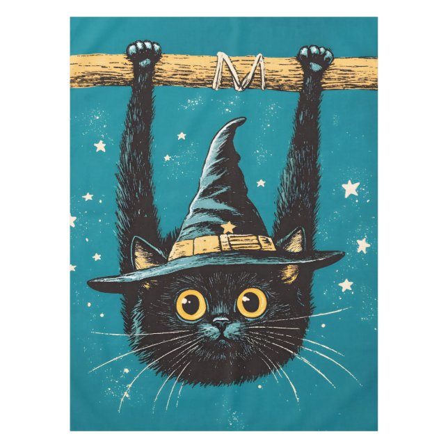Spooky Flying Black Cat Hexe Tischdecke (Vorderseite)