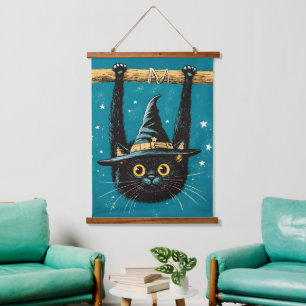 Spooky Flying Black Cat Hexe Wandteppich Mit Holzrahmen