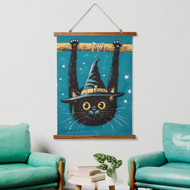 Spooky Flying Black Cat Hexe Wandteppich Mit Holzrahmen (Wohnzimmer)