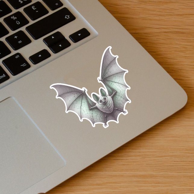 Spooky Flying White Bat Green Glow Flügel Spread Aufkleber (Spooky flying glowing green white bat on vinyl sticker for Halloween.)