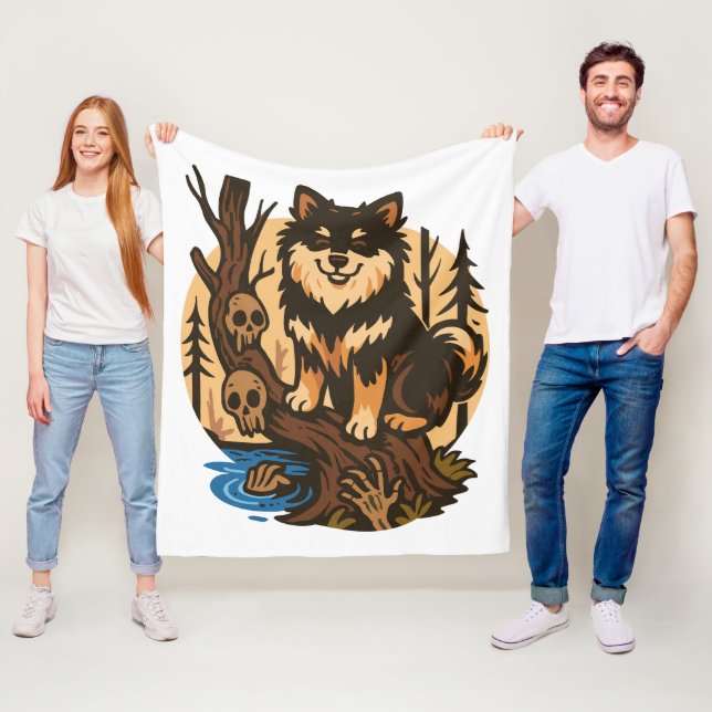 Spooky Forest Dog with Skulls Horror Art Fleecedecke (Beispiel)