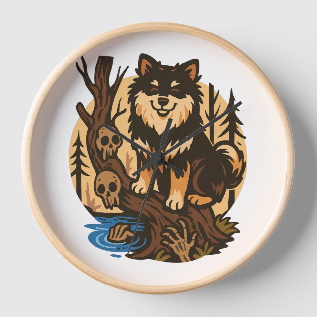 Spooky Forest Dog with Skulls Horror Art Uhr (Vorderseite)