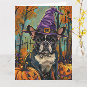 Spooky Französisch Bulldog Halloween Hexe und Kürb Karte