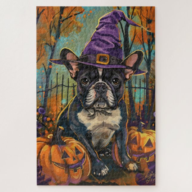 Spooky Französisch Bulldog Halloween Hexe und Kürb Puzzle (Vertikal)
