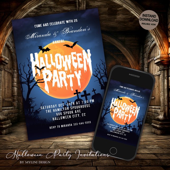 Spooky Full Moon Bats & Graveyard Halloween-Party Einladung (Von Creator hochgeladen)