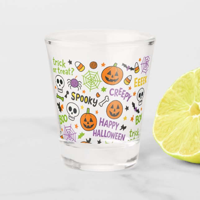 Spooky & Fun Pumpkin - farbenfrohe Halloween-Muste Schnapsglas (Vorderseite)
