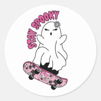 "Spooky"-Geist auf einem Skateboard Bleibe - Cool  Runder Aufkleber