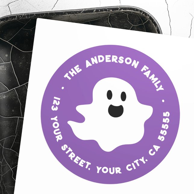 Spooky Geist Halloween lila Rücksendeadresse Runder Aufkleber (Spooky ghost Halloween purple return address Classic Round Sticker)