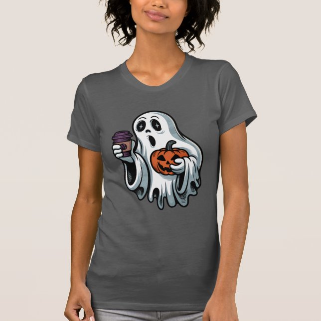 Spooky Geist mit Kaffee und KürbisHalloween T-Shirt (Vorderseite)