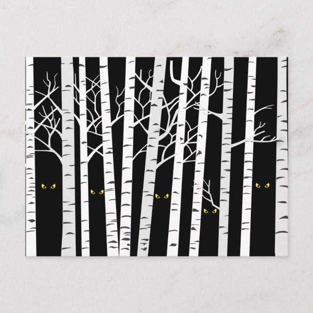 Spooky-Gelb-Halloween-Augen im Birkenwald Postkarte (Vorderseite)