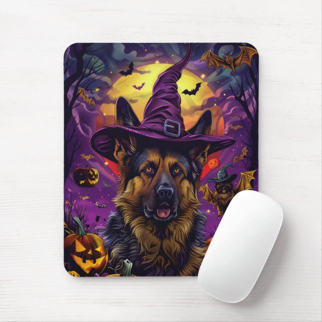 Spooky German Shepherd Halloween Hexenkürbis Mousepad (Mit Mouse)