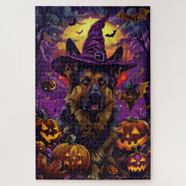 Spooky German Shepherd Halloween Hexenkürbis Puzzle (Vertikal)