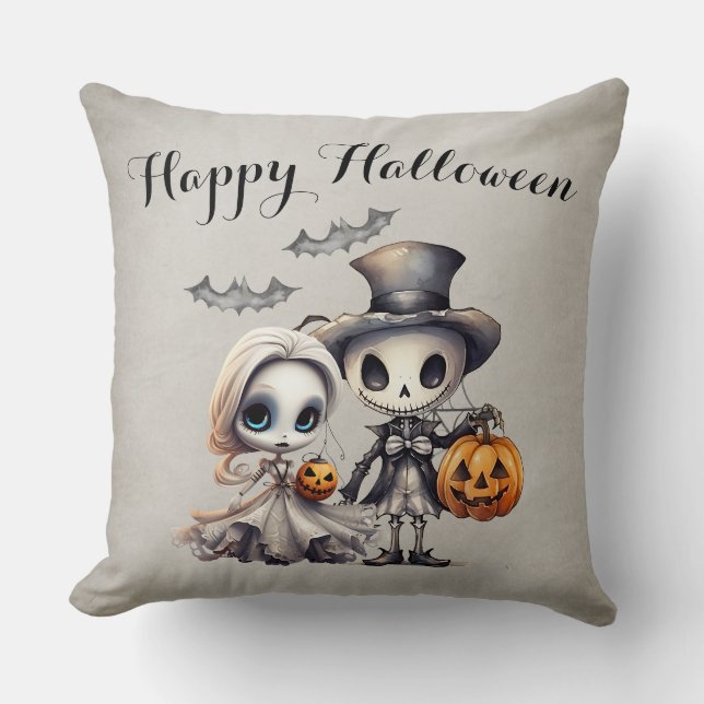 Spooky Ghost Doll und Skeleton Halloween Kissen (Vorderseite)