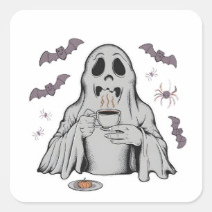Spooky Ghost Drink Kaffee Koffein Halloween Quadratischer Aufkleber