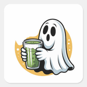 Spooky Ghost Drinks Matcha Halloween Quadratischer Aufkleber