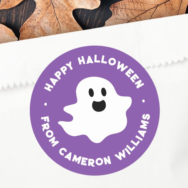 Spooky Ghost Happy Halloween Gruß lila Runder Aufkleber (Spooky ghost Happy Halloween greeting purple Classic Round Sticker)