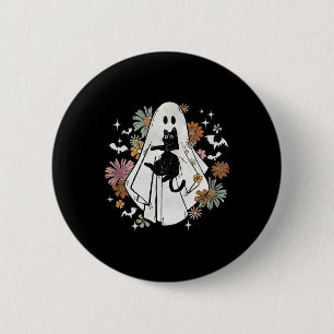Spooky Ghost Holding Black Cat Groovy Floral Hallo Button