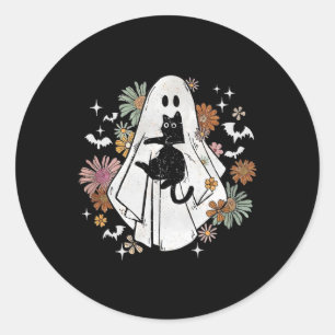 Spooky Ghost Holding Black Cat Groovy Floral Hallo Runder Aufkleber