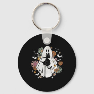 Spooky Ghost Holding Black Cat Groovy Floral Hallo Schlüsselanhänger
