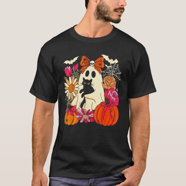 Spooky Ghost Holding Black Cat Groovy Floral Hallo T-Shirt (Vorderseite)