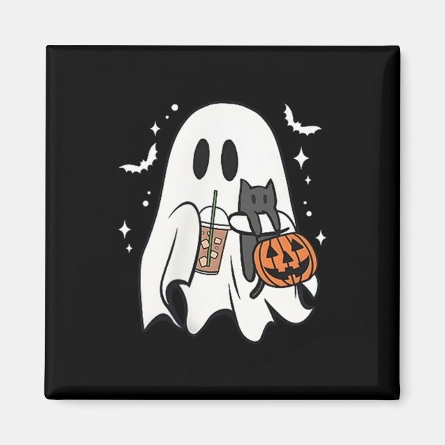 Spooky Ghost Holding Black Cat Halloween Eiskaffee Magnet (Vorne)